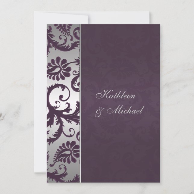 Lapis Purple and Silver Damask Wedding Invitation (Front)