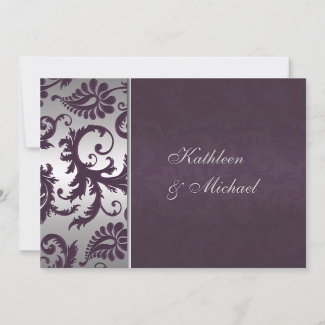 Lapis Purple and Silver Damask Wedding Invitation (Front)