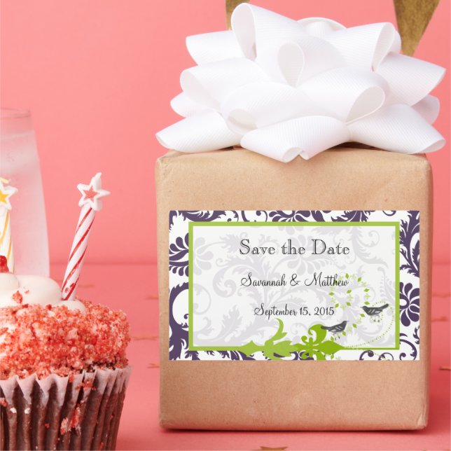 Lapis Purple Apple Green Damask Bird Weddings Rectangular Sticker (Party)
