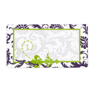 Lapis Purple & Apple Green Damask Birds Wedding Label
