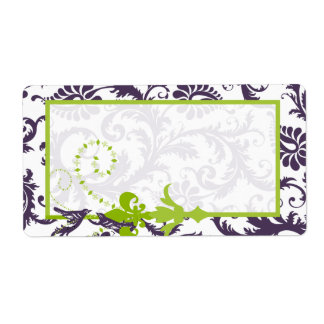 Lapis Purple & Apple Green Damask Birds Wedding Label