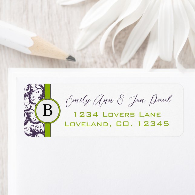 Lapis Purple & Apple Green Damask Wedding Labels (Insitu)