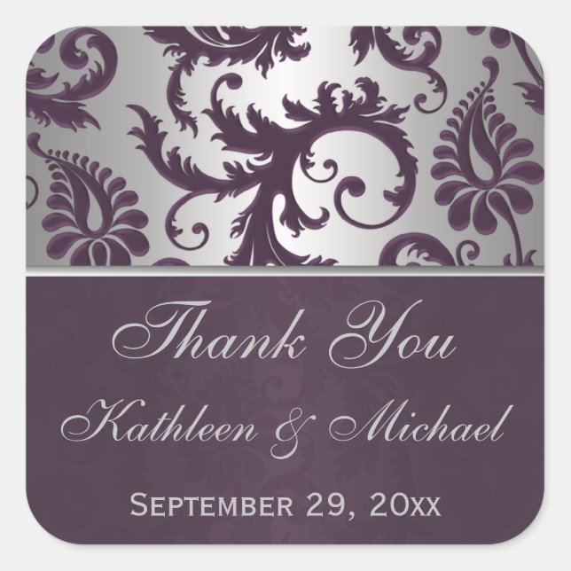 Lapis Purple & Silver Grey Damask Wedding Favor Square Sticker (Front)