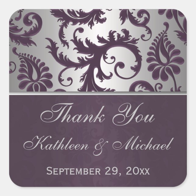 Lapis Purple & Silver Grey Damask Wedding Favor Square Sticker (Front)
