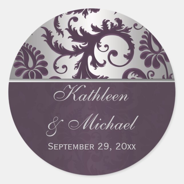 Lapis Purple & Silver Grey Damask Wedding Sticker (Front)