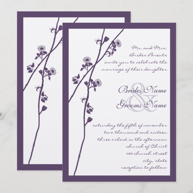 Lapis Purple Wild Flower Branch Wedding Invites (Front/Back)