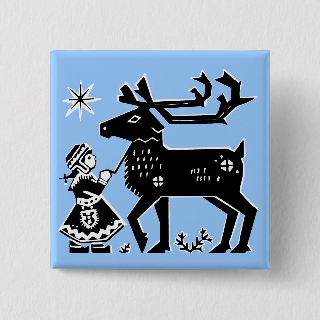 Lapland Girl Holds Reindeer Badge Pinback Button (Front)
