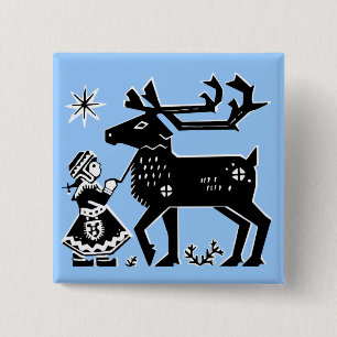 Lapland Girl Holds Reindeer Badge Pinback Button