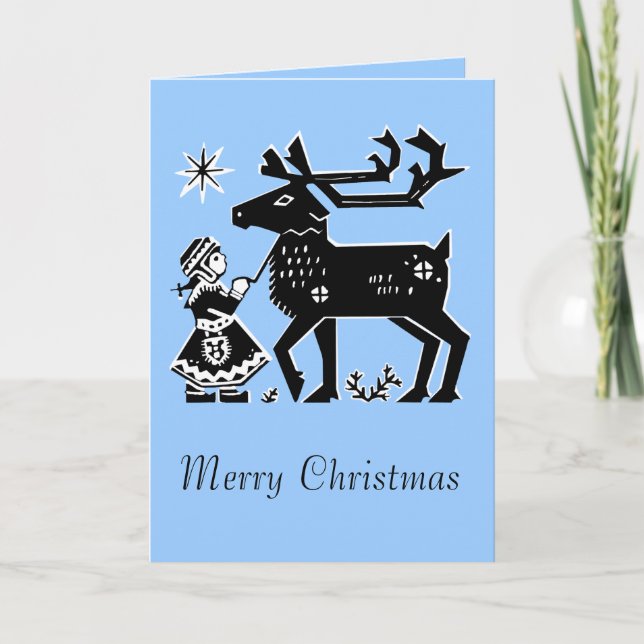 Lapland Girl Holds Reindeer Christmas Card (Front)