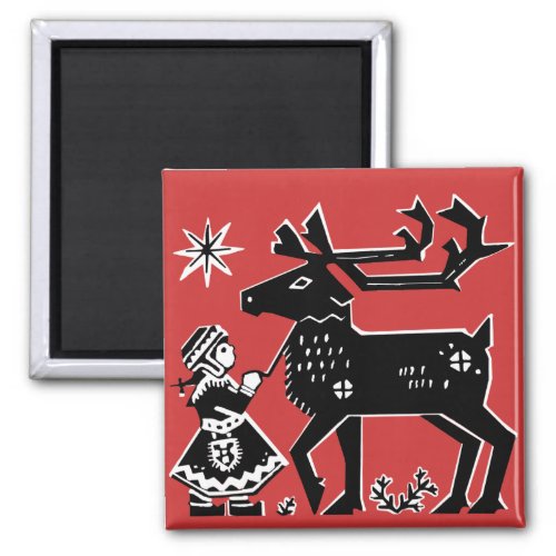 Lapland Girl Holds Reindeer Christmas Magnet