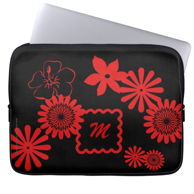 Laptop Computer Sleeve Red Flowers with Monogram (Front)