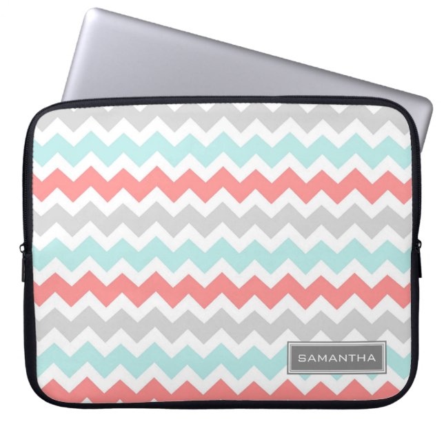 Laptop Coral Teal Chevron Custom Name Laptop Sleeve (Front)