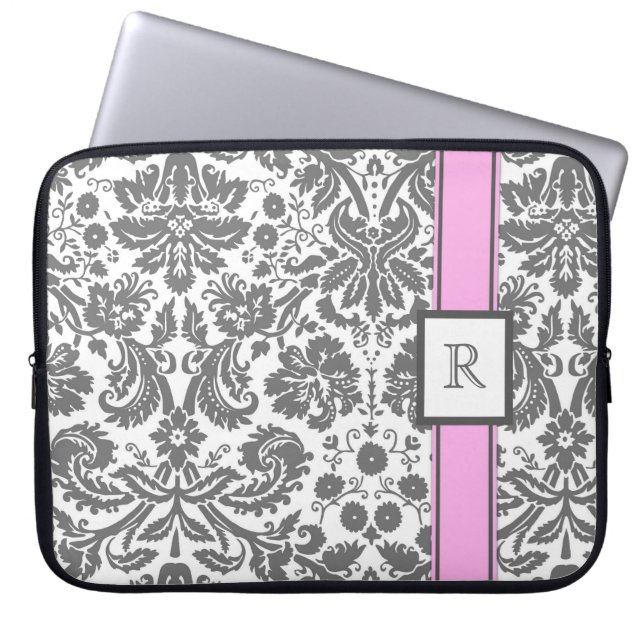 Laptop Custom Monogram Grey Pink Floral Damask Laptop Sleeve (Front)