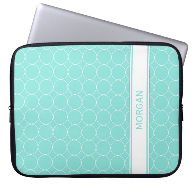 Laptop Custom Name Aqua White Circles Pattern Laptop Sleeve (Front)