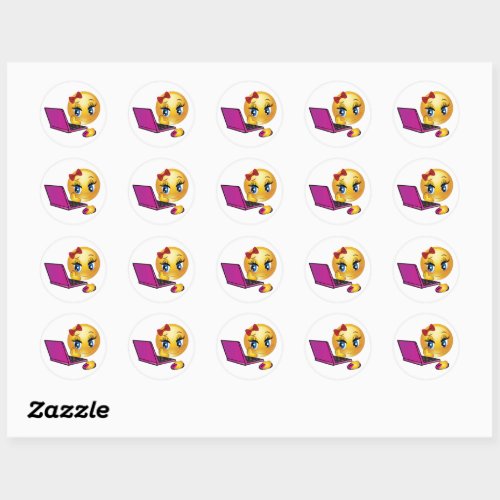 Laptop Emoji Girl Classic Round Sticker