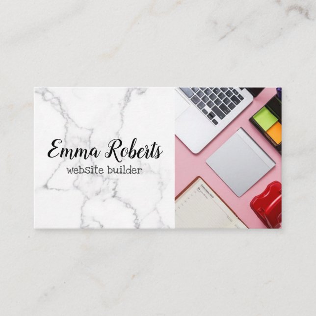 Laptop Pink Woman Office Work Website Builder Business Card (Front)