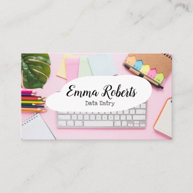 Laptop Pink Woman Work Data Entry Business Card (Front)