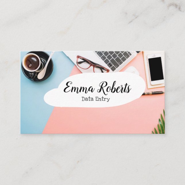 Laptop Pink Woman Work Data Entry Business Card (Front)