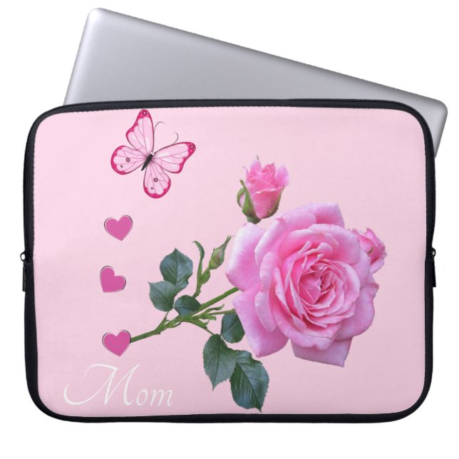 Laptop Sleeve Floral Butterfly Pink Rose Hearts (Front)