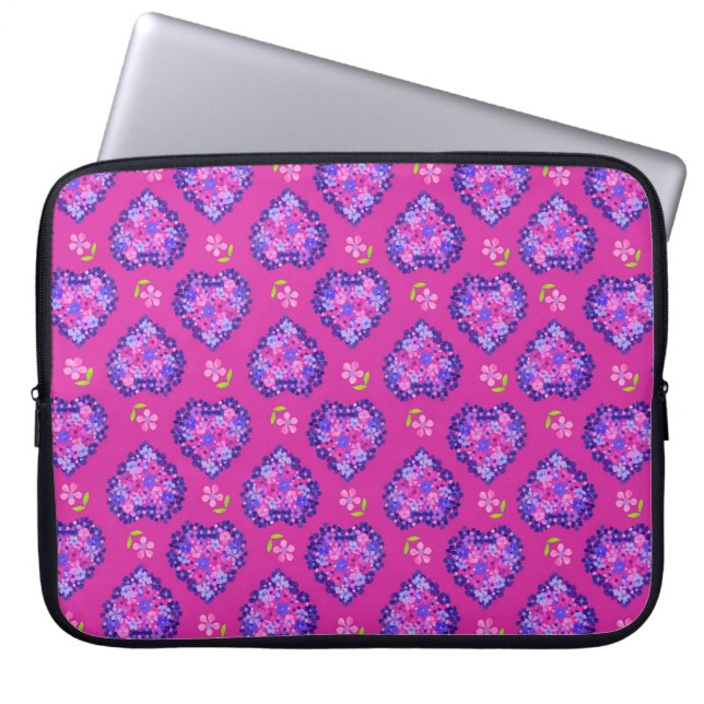 Laptop Sleeve,  Hearts and Flowers on Magenta Sleeve (Front)