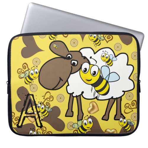 Laptop Sleeve Sheep Brown Hearts Bumblebee