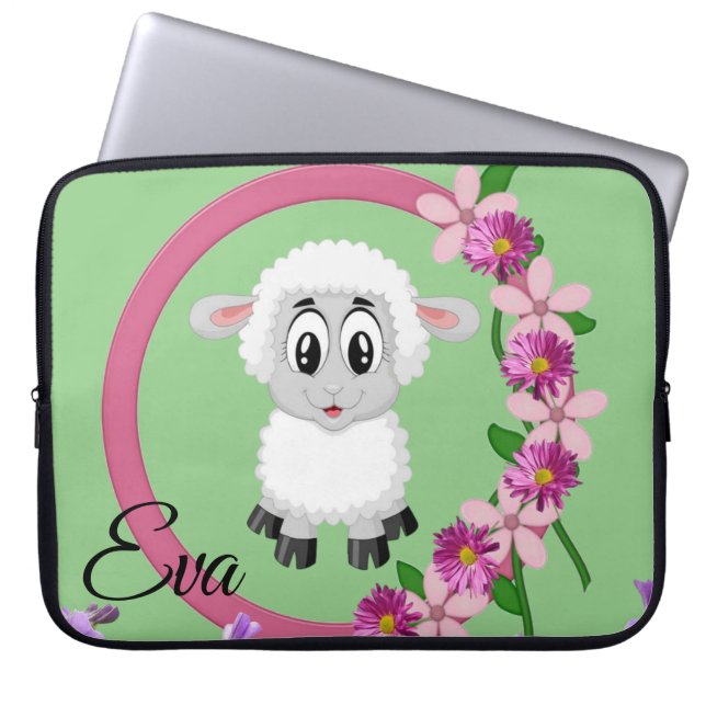 Laptop Sleeve Sheep Floral Green (Front)