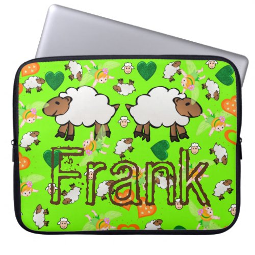 Laptop Sleeve Sheep Floral Green and Orange Hearts