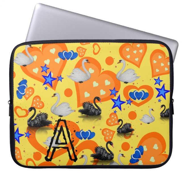 Laptop Sleeve Yellow Swan Blue Stars Orange Hearts (Front)