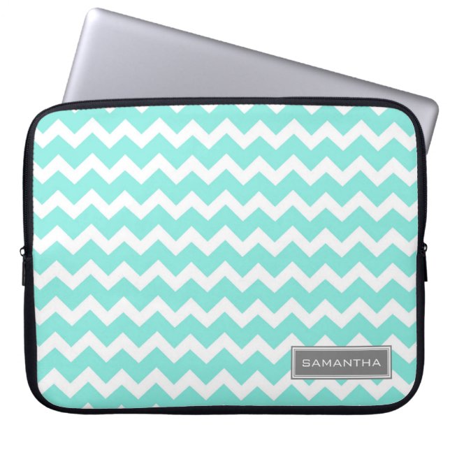 Laptop Teal Chevron Custom Name Sleeve (Front)