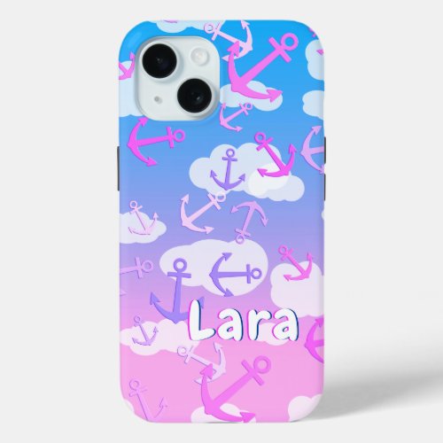 Lara _ Custom Name Template Cute Floating Anchors iPhone 15 Case