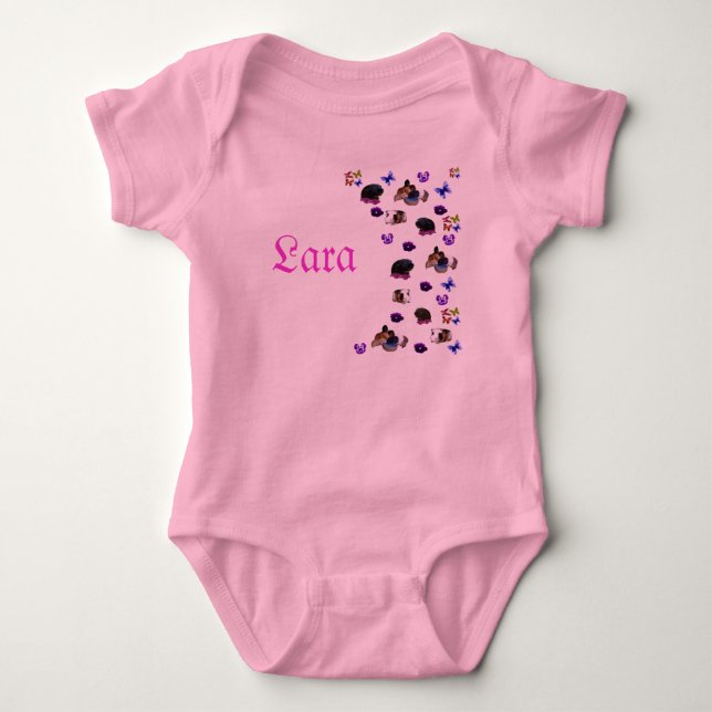 "Lara", Name With Guinea Pigs And Pansies, Baby Bodysuit (Front)