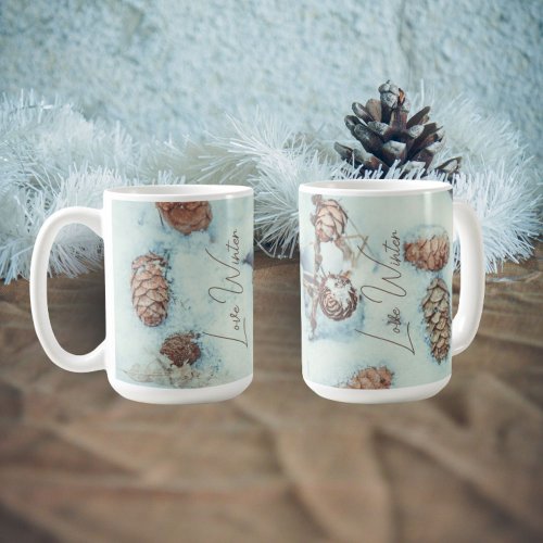 Larch cones on the fresh blue snow coffee mug