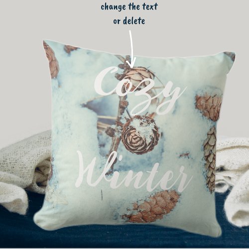 Larch cones on the fresh blue snow throw pillow