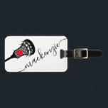 Larcrosse Stick Personalized Monogram Black White  Luggage Tag<br><div class="desc">Personalized Black and White with Red Lacrosse Luggage bag tag with a simple cute lacrosse stick graphic and custom name or text in a feminine girly and modern pretty script font monogram. Any girls or womens lacrosse team member or club player will love the fun and cute design of this...</div>