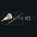 Larcrosse Stick Personalized Monogram Black White Luggage Tag<br><div class="desc">Personalized Black and White Lacrosse Luggage bag tag with a simple cute lacrosse stick graphic and custom name or text in a feminine girly and modern pretty script font monogram. Any girls or womens lacrosse team member or club player will love the fun and cute design of this lacrosse themed...</div>