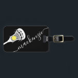Larcrosse Stick Personalized Monogram Black White Luggage Tag<br><div class="desc">Personalized Black and White Lacrosse Luggage bag tag with a simple cute lacrosse stick graphic and custom name or text in a feminine girly and modern pretty script font monogram. Any girls or womens lacrosse team member or club player will love the fun and cute design of this lacrosse themed...</div>