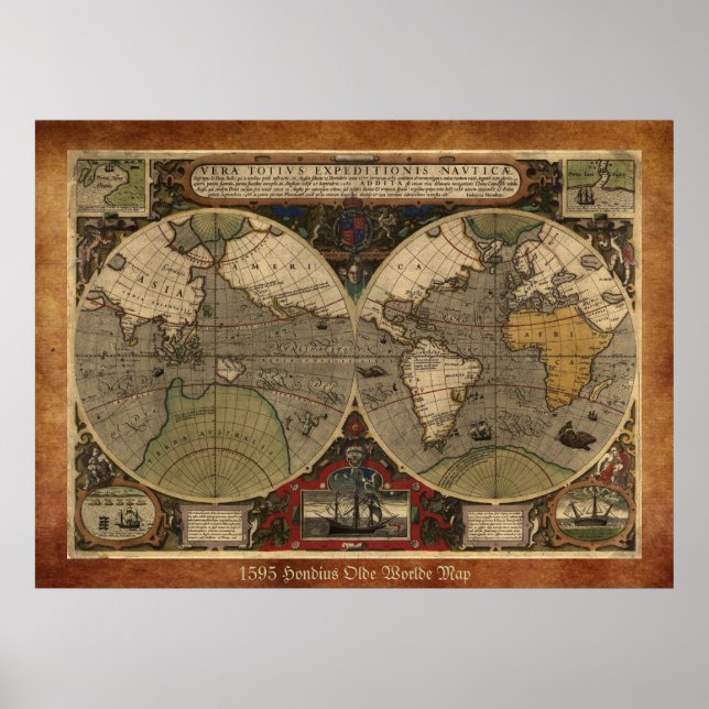 Large "1595 World Map of Hondius" Historic Map Poster (Front)