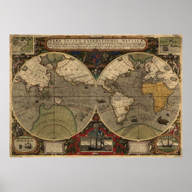Large "1595 World Map of Hondius" Historic Map Poster (Front)