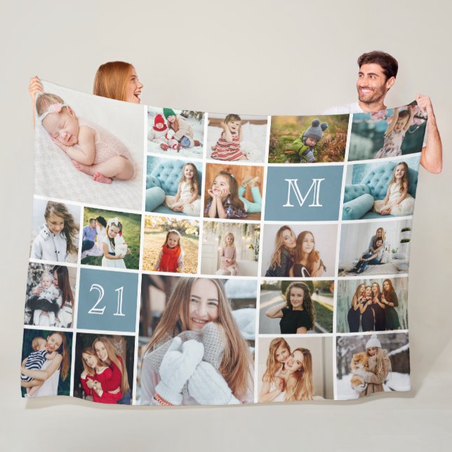 Large 21st Birthday Personalized 22-Photo Collage Fleece Blanket (In Situ)
