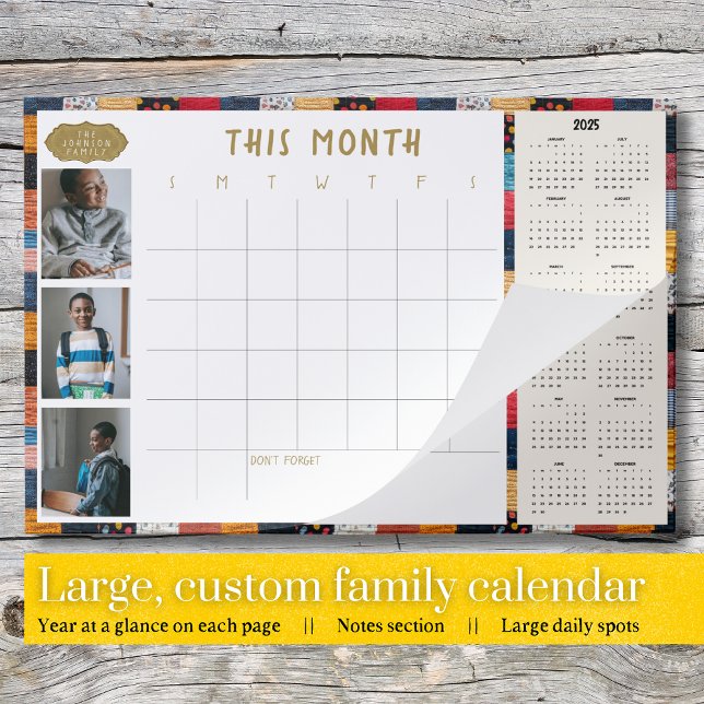 Large 2-in-1 Family Photos Desk Wall Calendar 2025 Paper Pad (2025 Family Desk or Command Center Calendar with Year at a Glance, Notes Section, and Custom Photos)