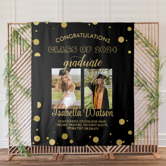 Large 2 Photos Graduation Party BlackGold Backdrop