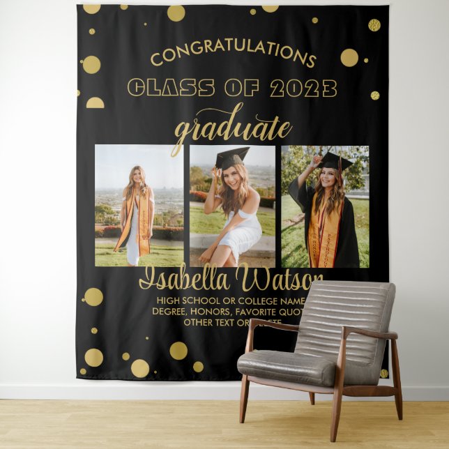 Large 3 Photos Graduation Party BlackGold Backdrop (In Situ)