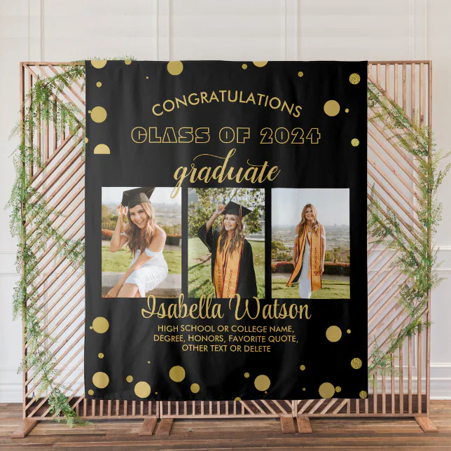 Large 3 Photos Graduation Party BlackGold Backdrop