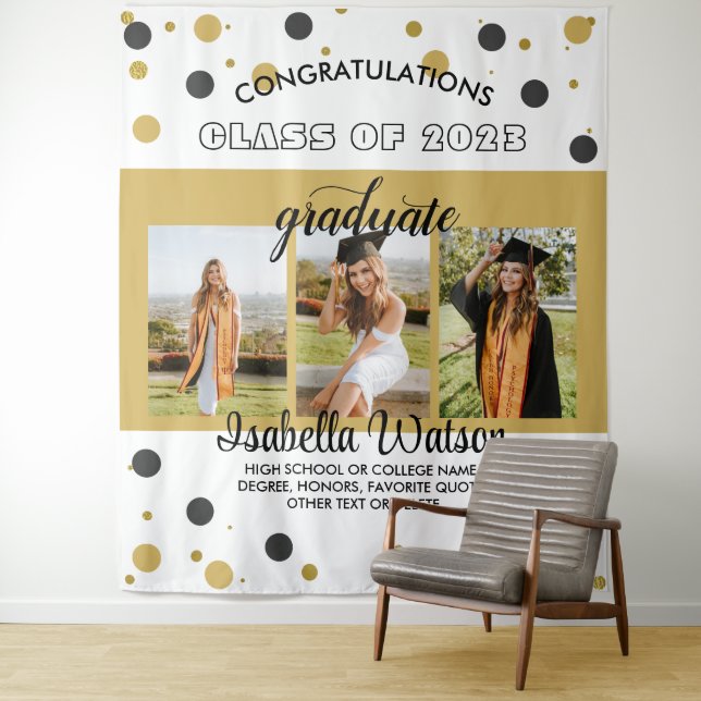 Large 3 Photos Graduation Party BlackGold Backdrop (In Situ)