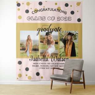 Large 3 Photos Graduation Party BlackGold Backdrop