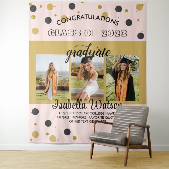 Large 3 Photos Graduation Party BlackGold Backdrop (In Situ)