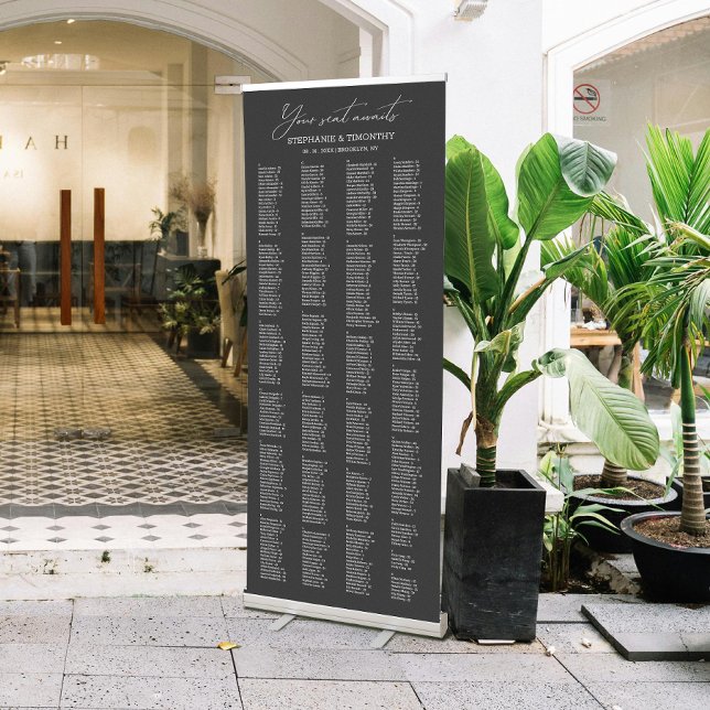 Large 400 Alphabetical Black Wedding Seating Retractable Banner (Easily guide guests to their seats with this alphabetically ordered seating retractable banner.)