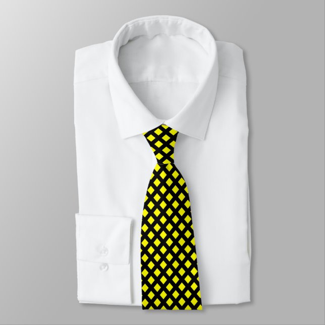 Large 45 Deg Net Pattern Black and Yellow Neck Tie (Tied)