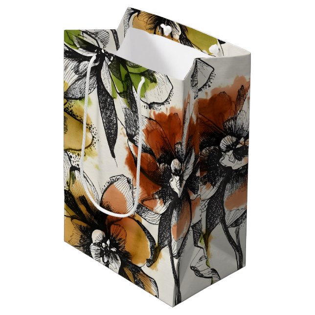Large Abstract Alcohol Wash Pen and Ink Flowers Medium Gift Bag (Front Angled)