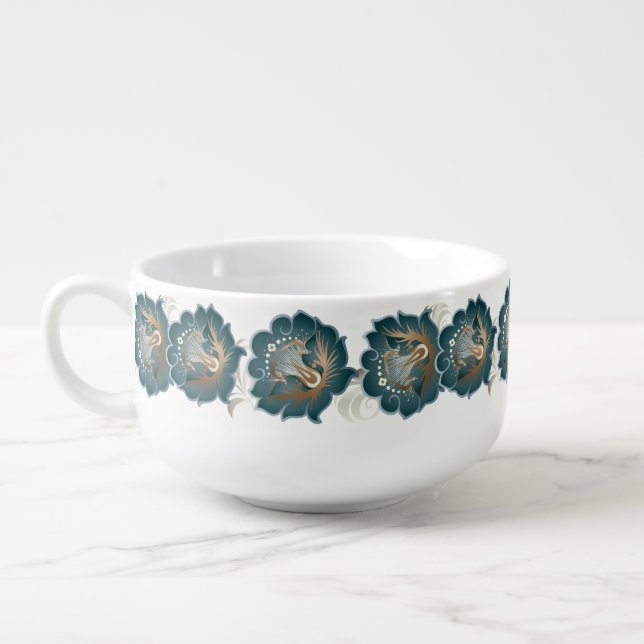 Large Abstract Green Silver Flower Wreath Soup Mug (Right)